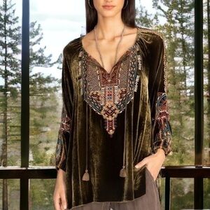 Johnny Was “Naomi Tiger eye” heavily embroidered velvet tunic NWT